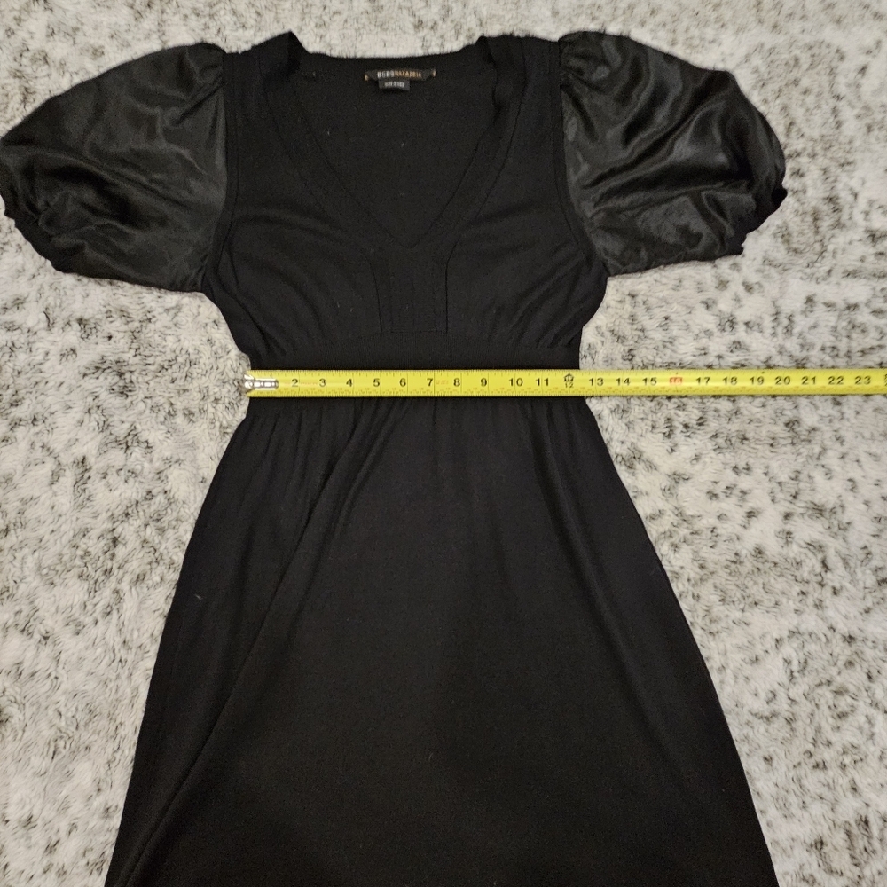 BCBGMaxazria SZ S Black Silk Mini Dress Puff Short Sleeve Babydoll Romantic - Picture 9 of 10